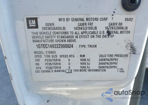 2002 GMC Sierra 1500 Standard z USA, uszkodzony, nr VIN 1GTEC14V22Z900924